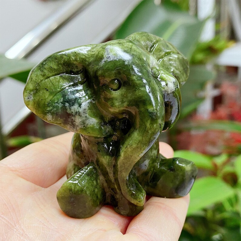 Seated Elephant Figurine Made of Natural Serpentine Jade