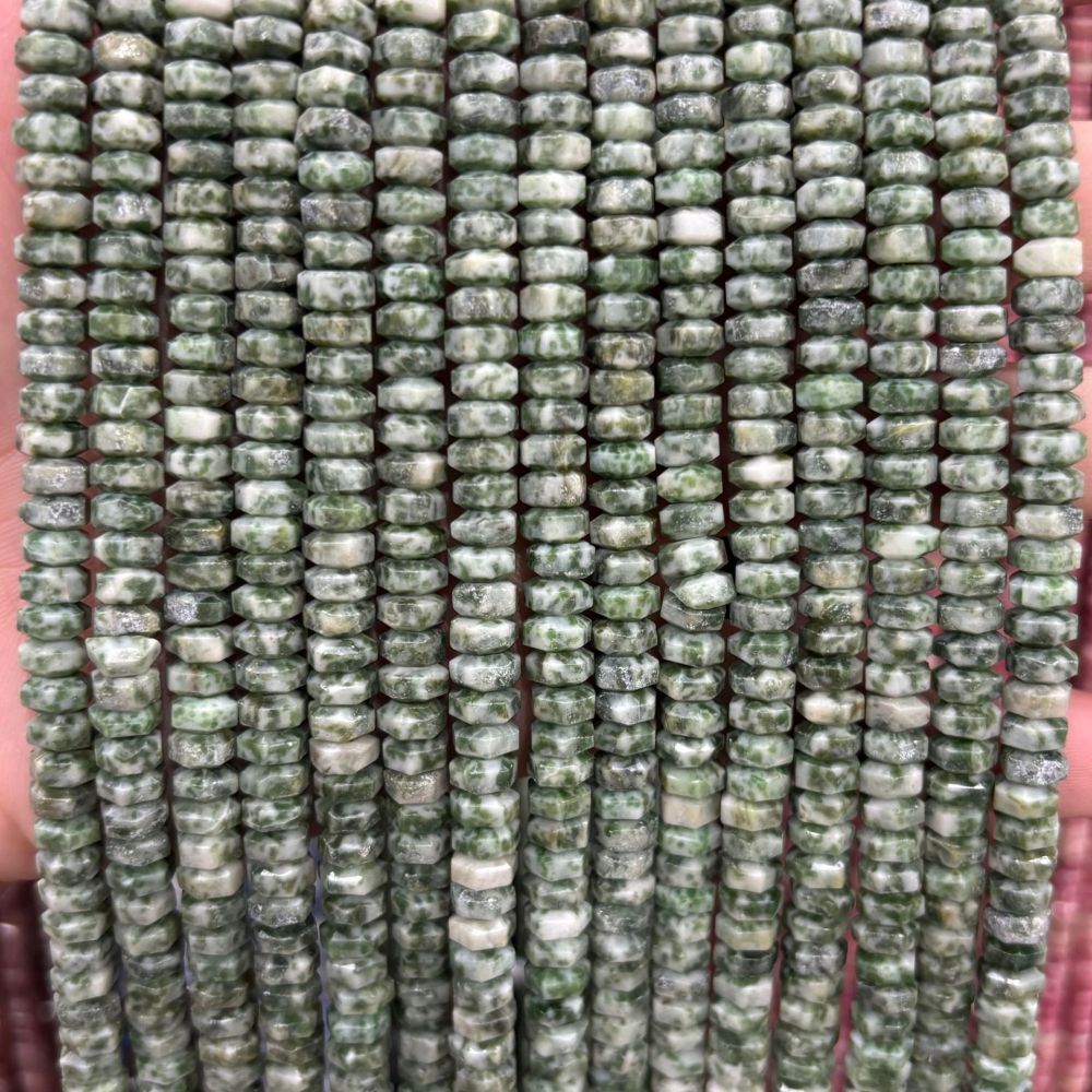MYA3141--3x6mm 3x6mm Natural Green Spotted Stone Wheel Beads, Faceted Flat Beads