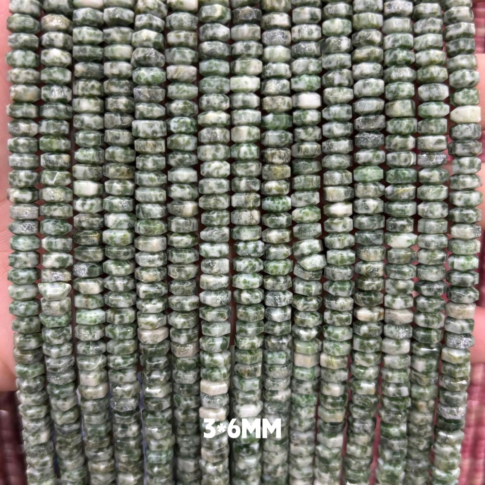 MYA3141--3x6mm 3x6mm Natural Green Spotted Stone Wheel Beads, Faceted Flat Beads