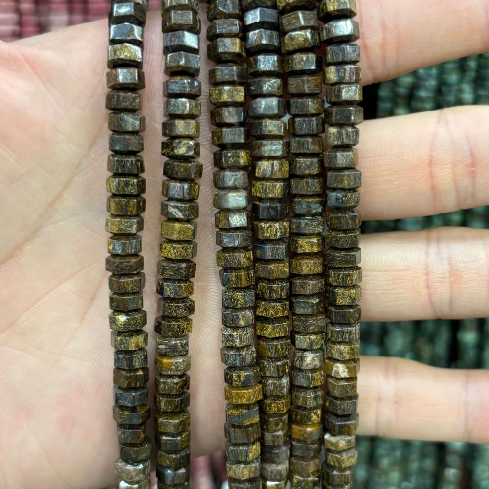 MYA3147--3x6mm Natural Antique Bronze Grey Stone Wheel Beads, Faceted Flat Beads