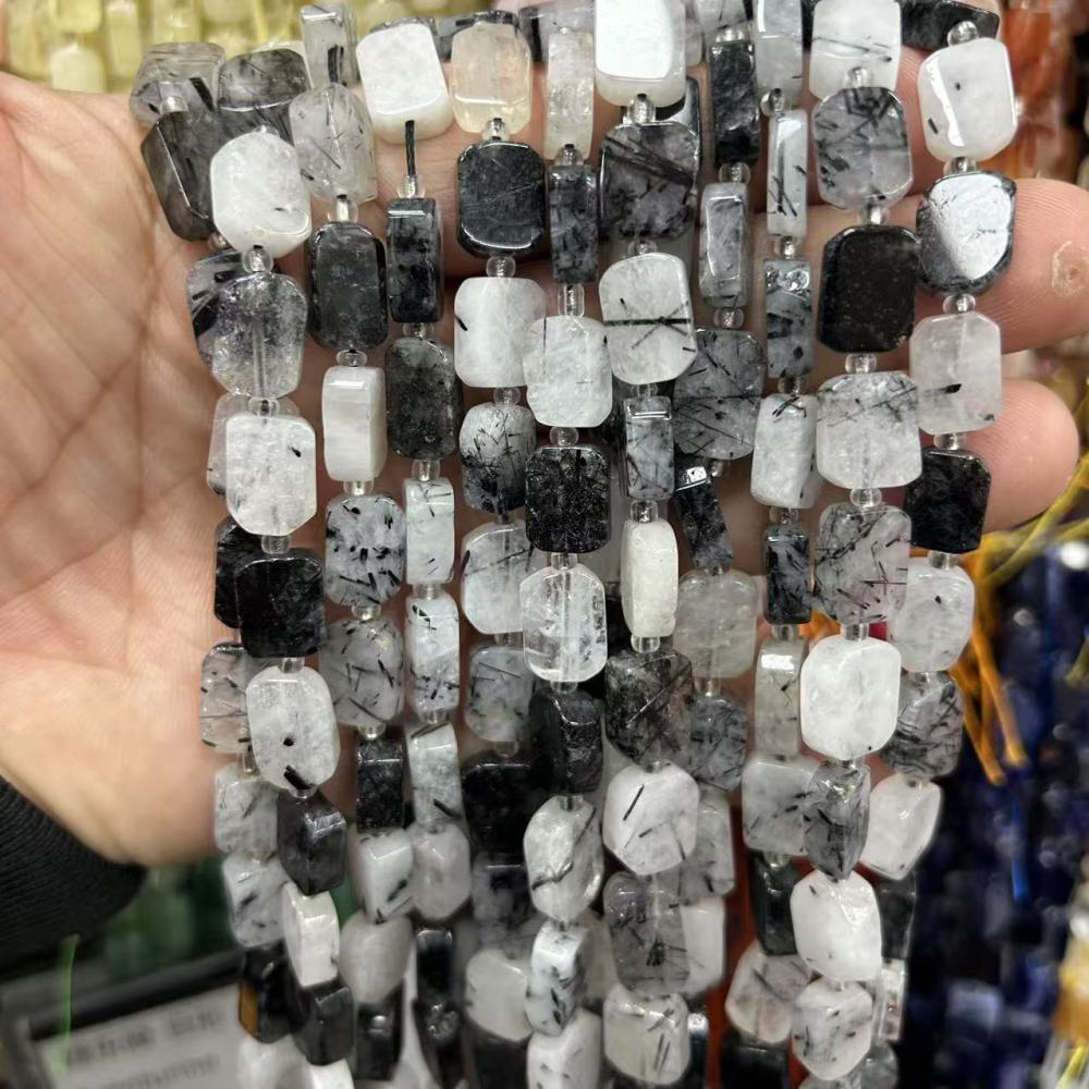 MYA3164--8*12mm Natural Black Rutilated Quartz Irregularly Shaped Rectangular Beads