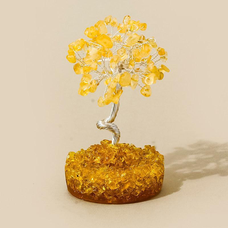 Natural crystal tree ornament with epoxy resin pebble base.