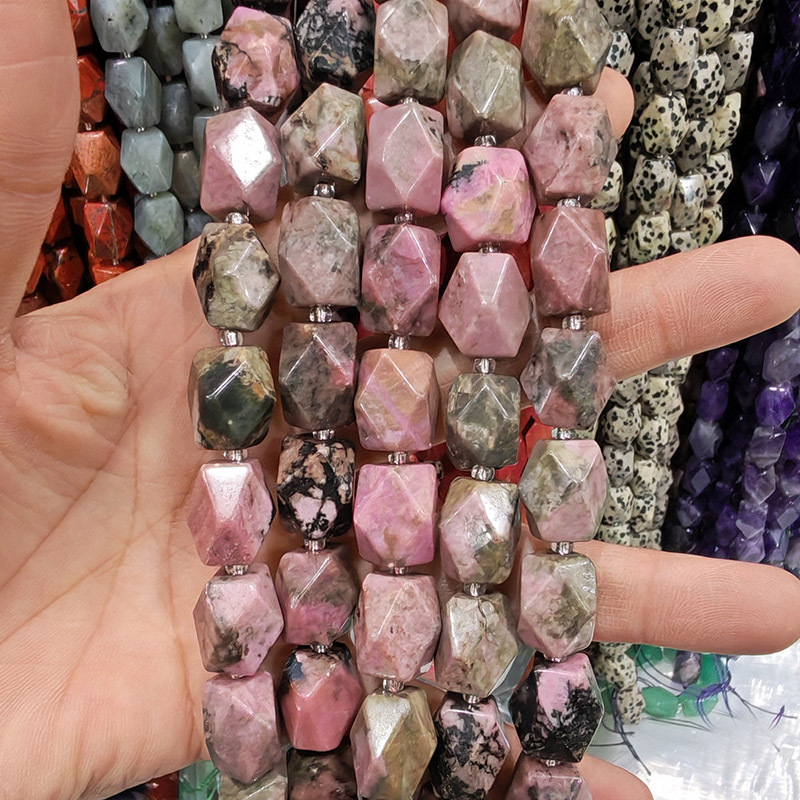 MYA3236--Natural black-lined rhodochrosite octagonal-cut beads