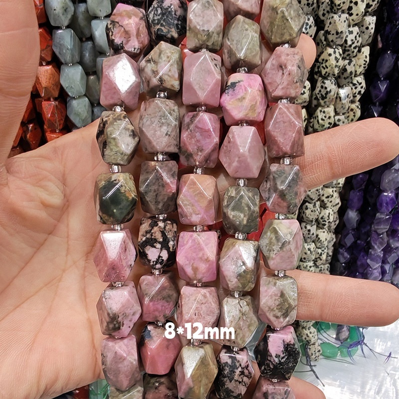 MYA3236--Natural black-lined rhodochrosite octagonal-cut beads