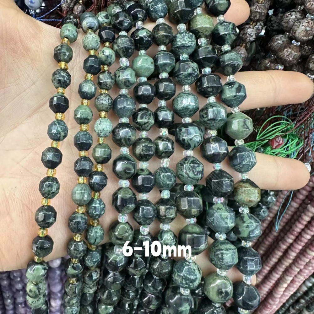 MYA3266--6-10mm Natural Green Veined Stone Faceted Lantern Beads