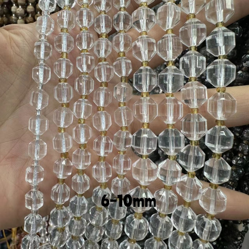 MYA3268--6-10mm Natural Clear Quartz Faceted Lantern Beads