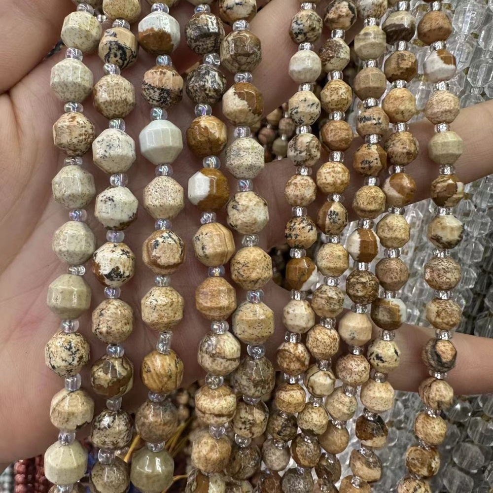 MYA3270--6-10mm Natural Picture Stone Faceted Lantern Beads