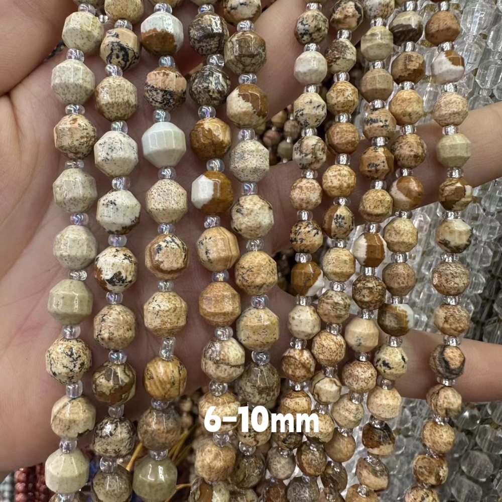 MYA3270--6-10mm Natural Picture Stone Faceted Lantern Beads