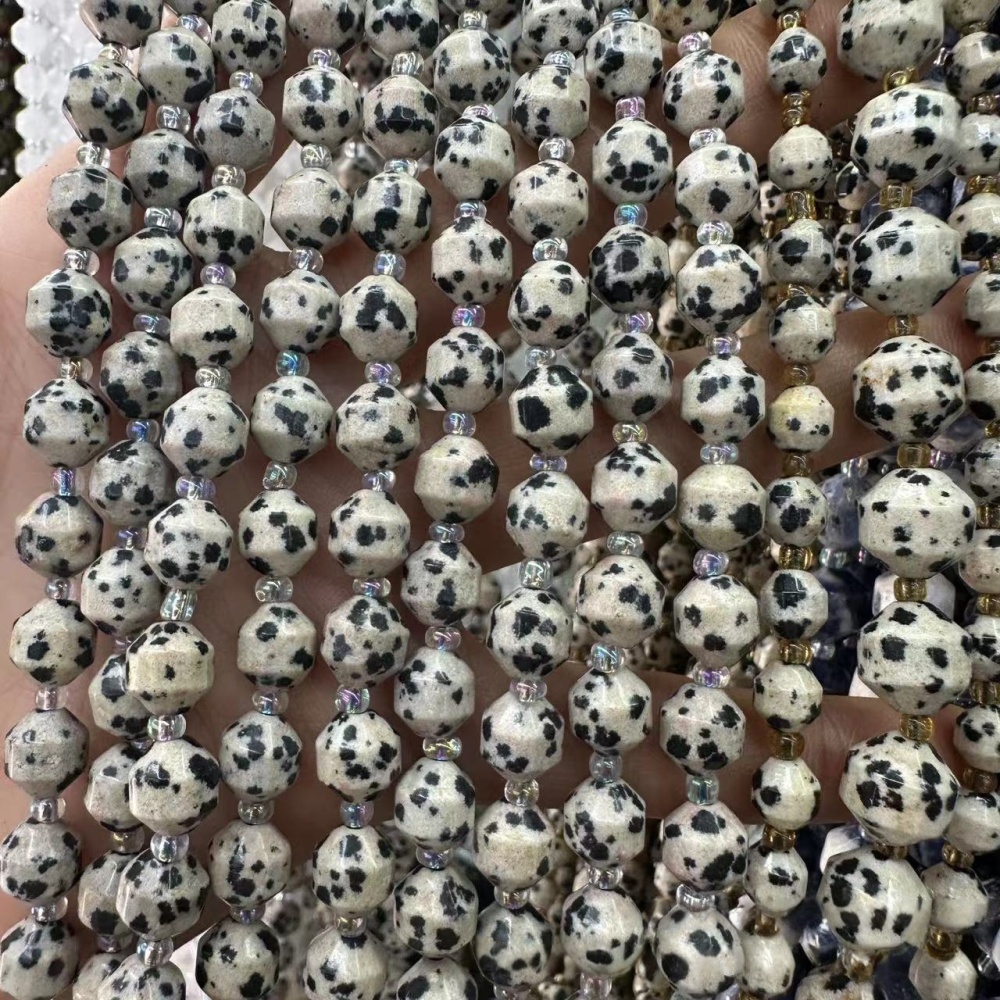 MYA3271--6-10mm Natural Spotted Stone Faceted Lantern Beads