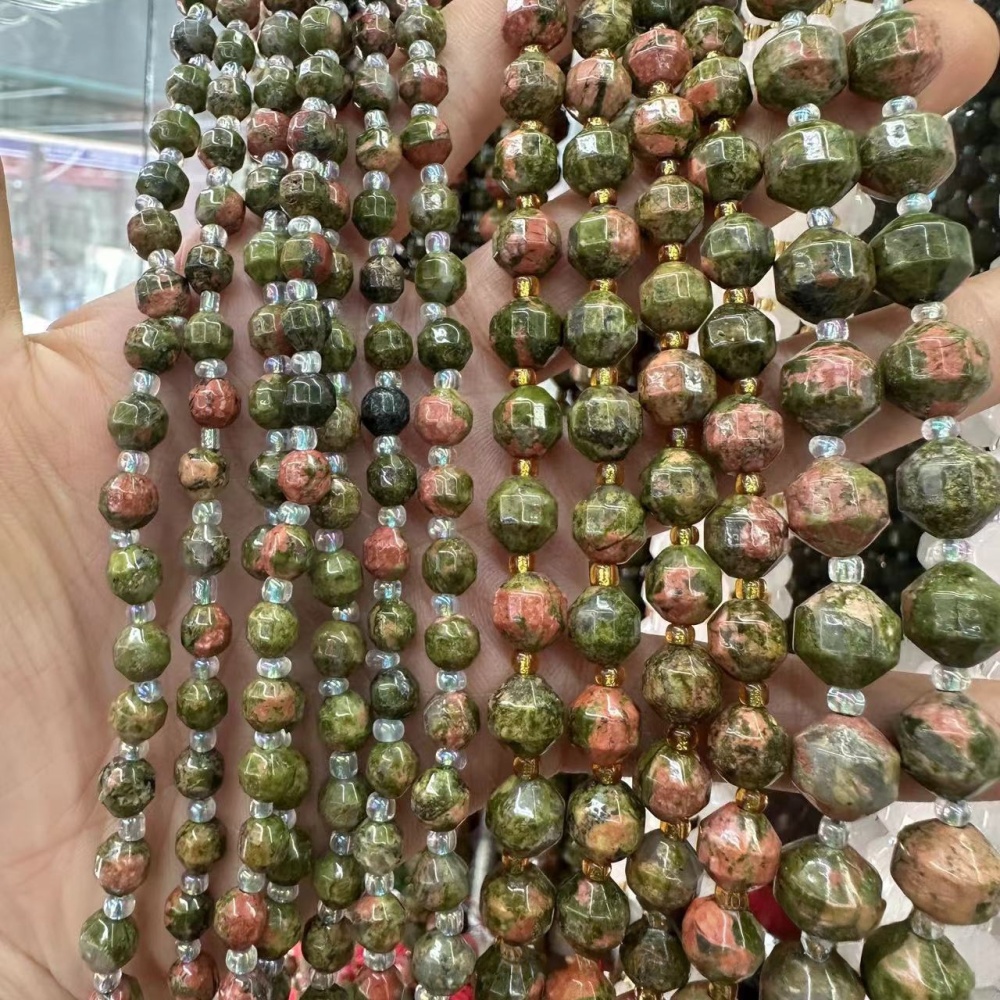 MYA3272--6-10mm Natural Unakite Faceted Lantern Beads
