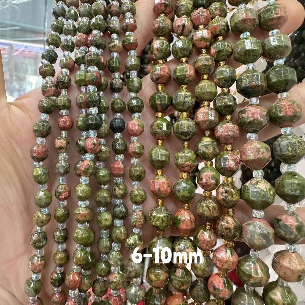 MYA3272--6-10mm Natural Unakite Faceted Lantern Beads
