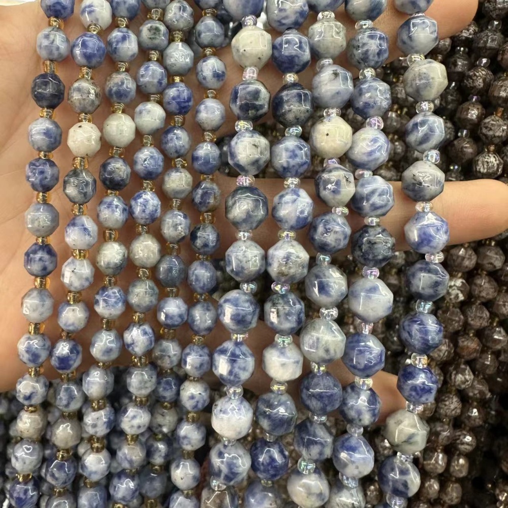 MYA3274--6-10mm Natural Blue Dot Stone Faceted Lantern Beads