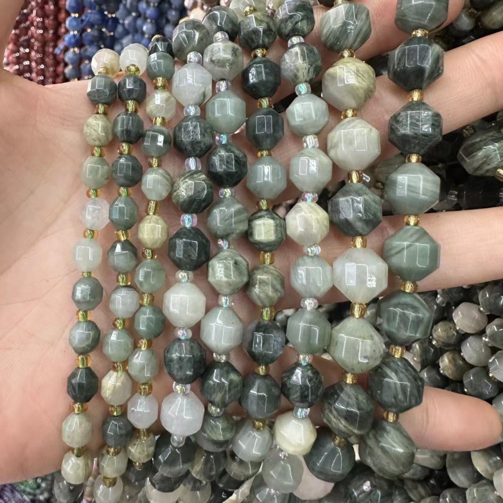 MYA3277--6-10mm Natural Green Rabbit Hair Stone Faceted Lantern Beads