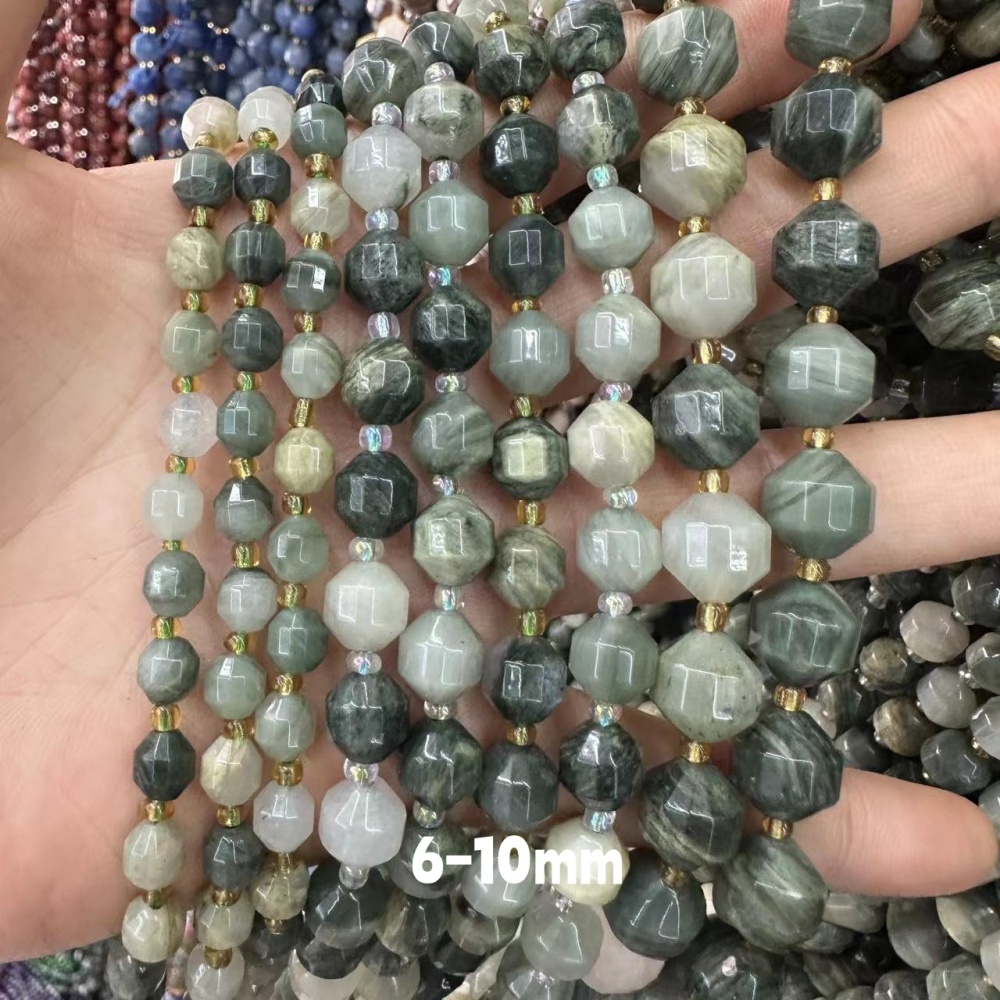 MYA3277--6-10mm Natural Green Rabbit Hair Stone Faceted Lantern Beads