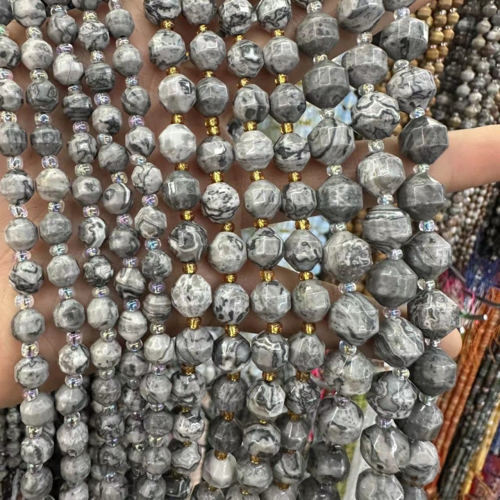 MYA3278--6-10mm Natural Map Stone Faceted Lantern Beads