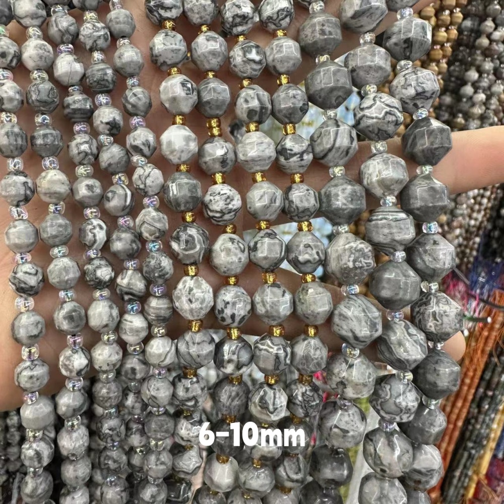MYA3278--6-10mm Natural Map Stone Faceted Lantern Beads