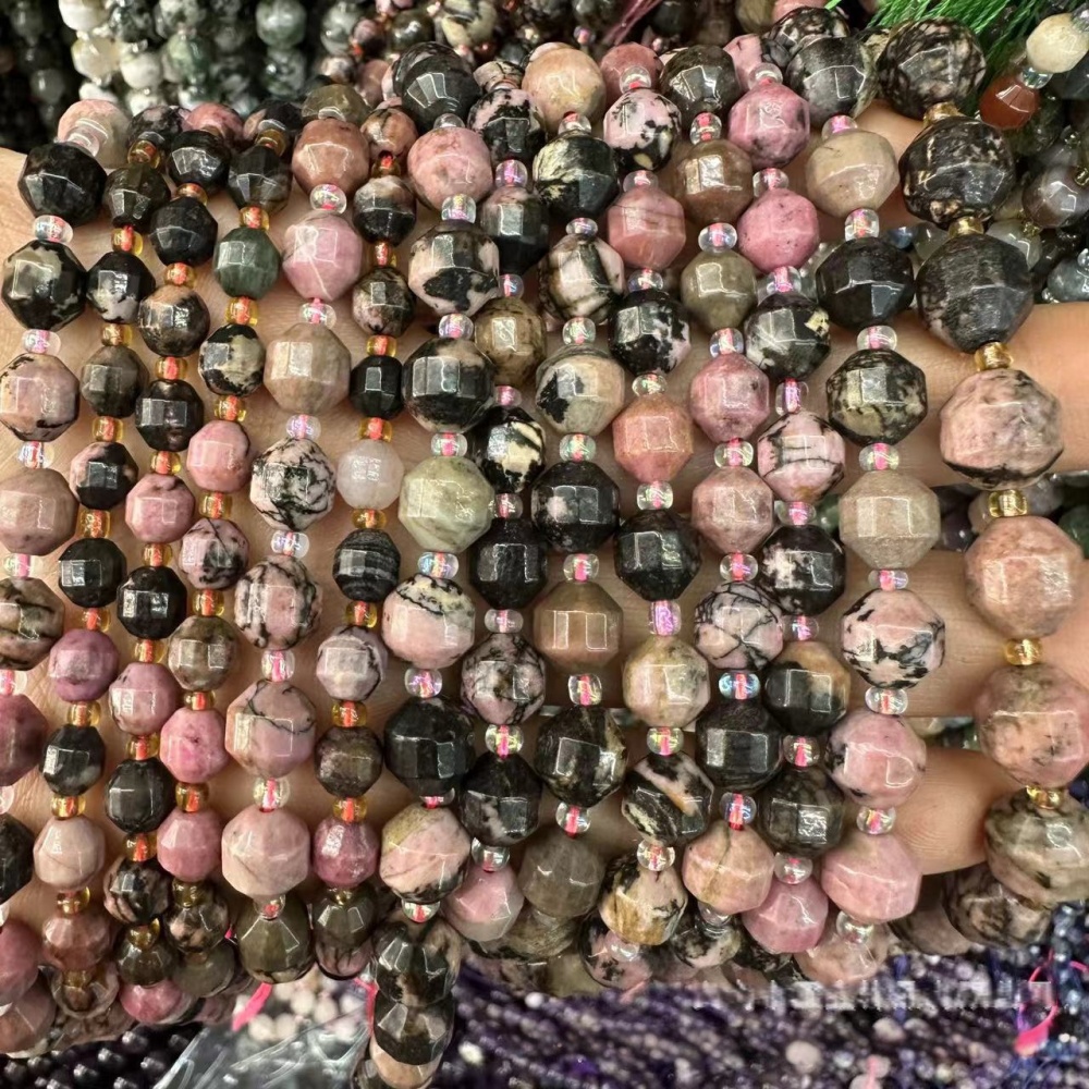 MYA3281--6-10mm Natural Black-Lined Rhodochrosite Faceted Lantern Beads