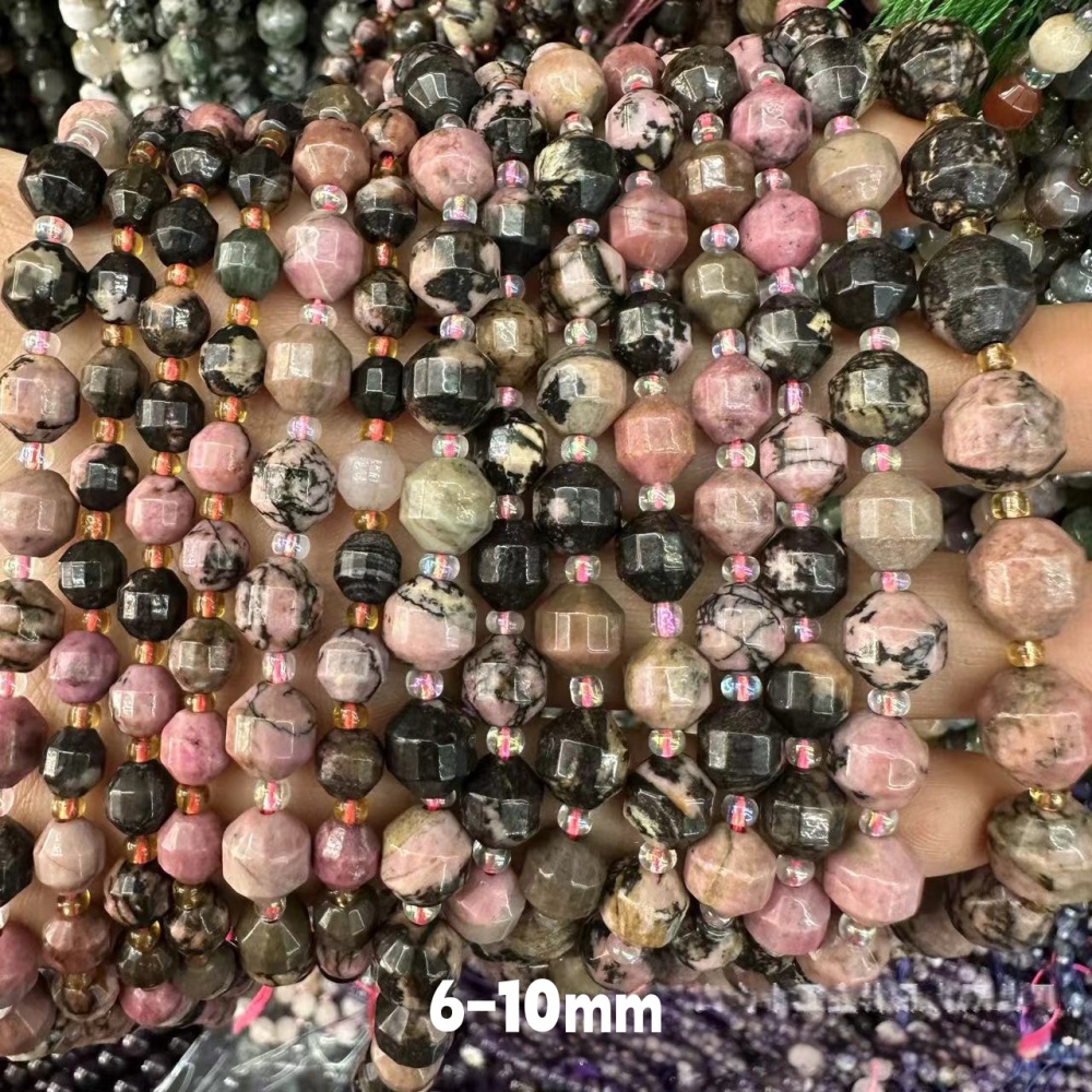 MYA3281--6-10mm Natural Black-Lined Rhodochrosite Faceted Lantern Beads