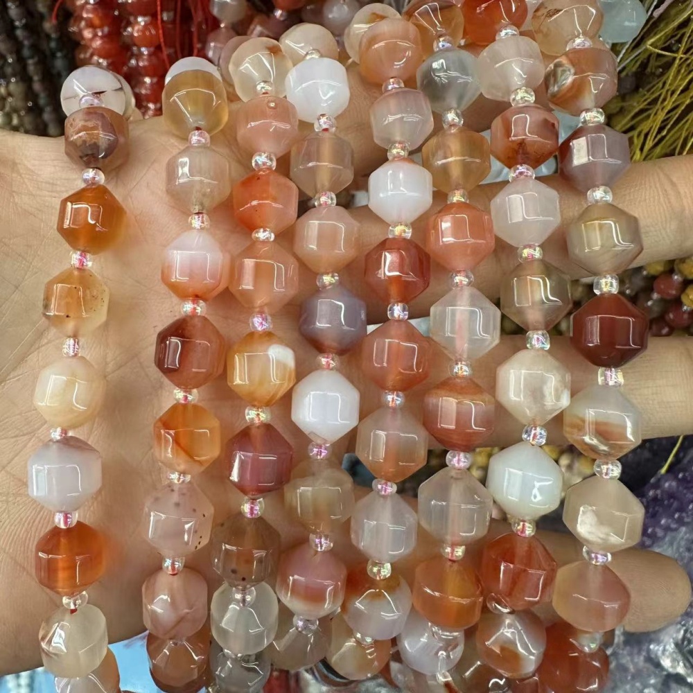 MYA3282--6-12mm Natural Light Red Agate Faceted Lantern Beads