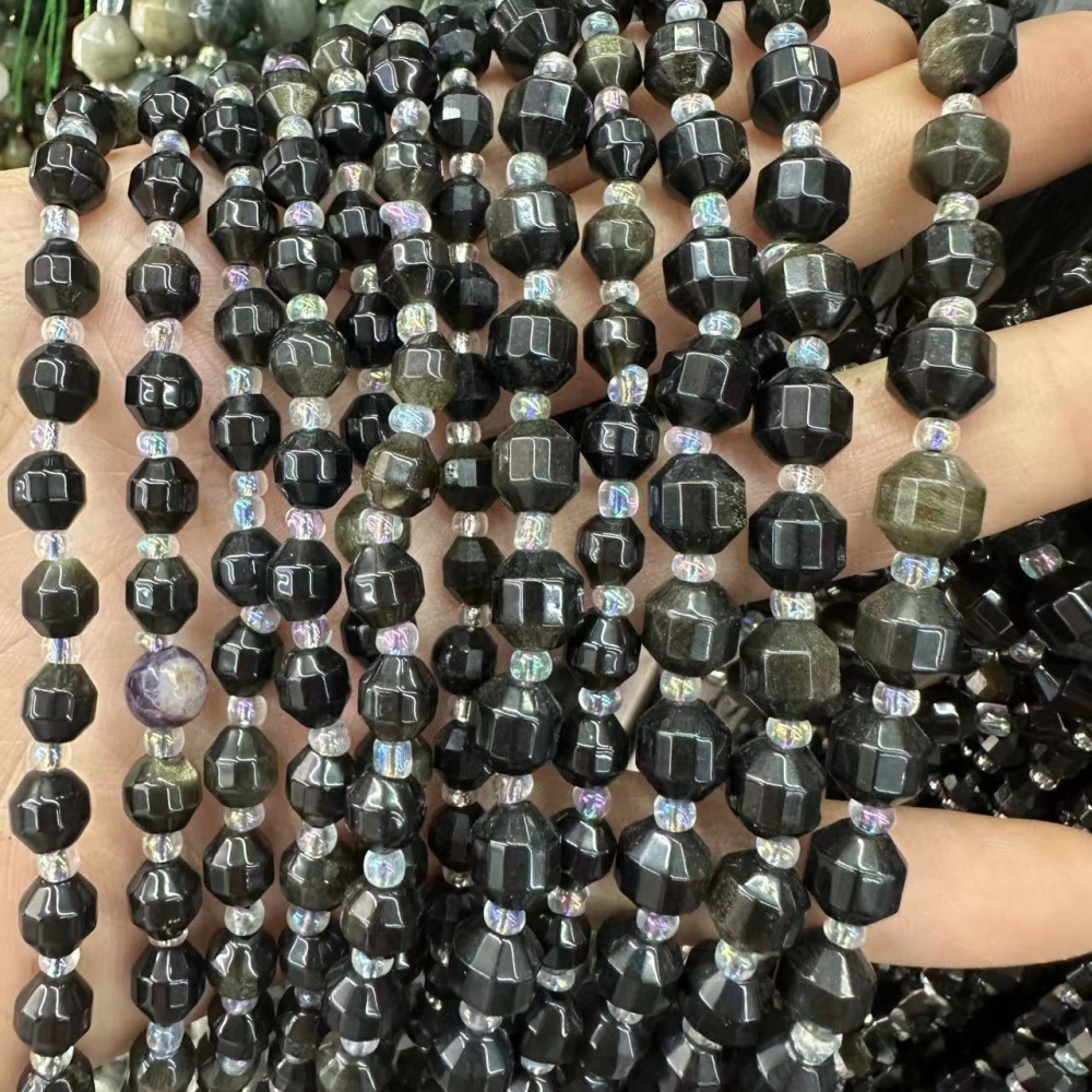 MYA3284--6-10mm Natural Golden Obsidian Faceted Lantern Beads