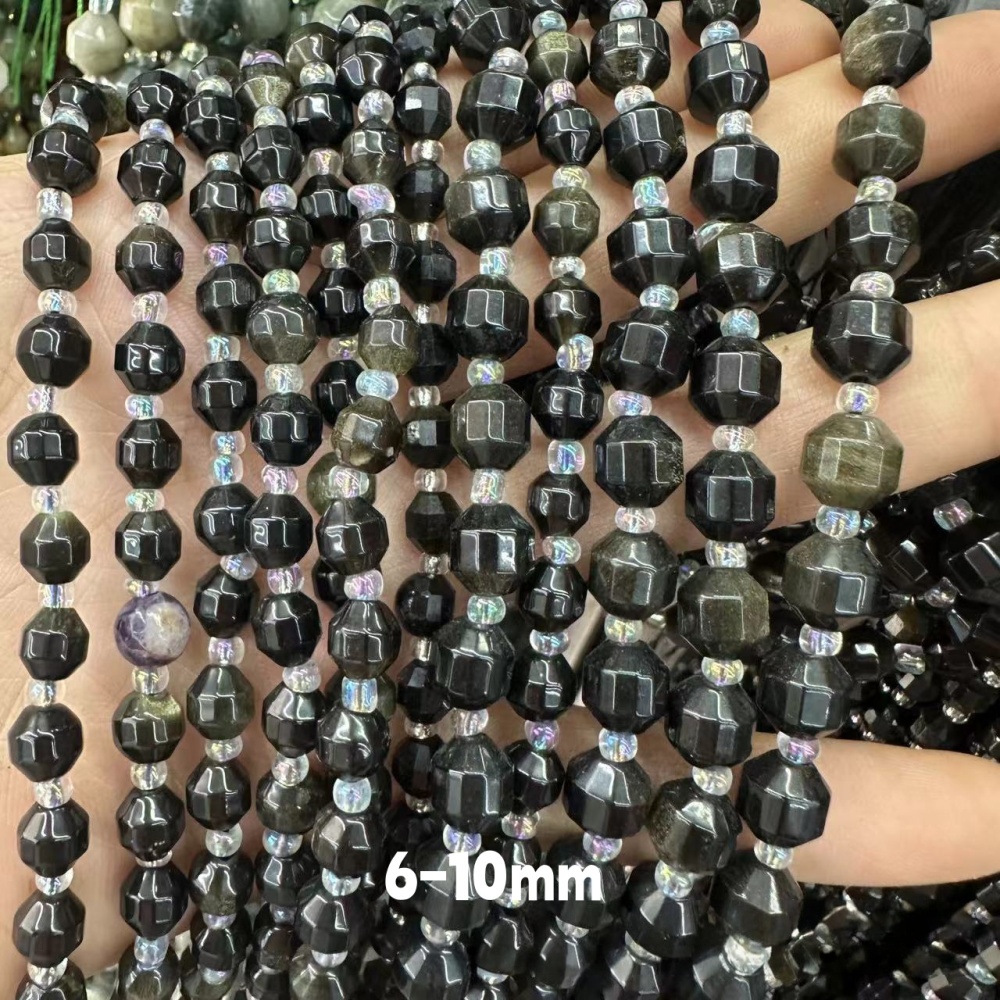 MYA3284--6-10mm Natural Golden Obsidian Faceted Lantern Beads