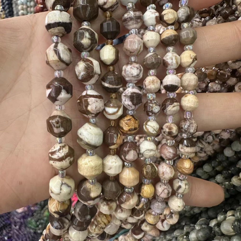 MYA3285--6-12mm Natural Zebrastone Faceted Lantern Beads