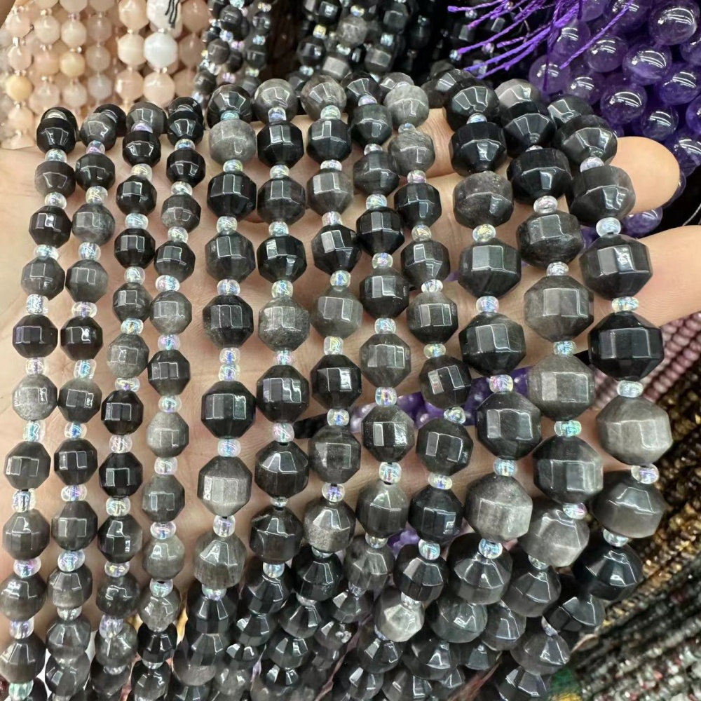 MYA3286--6-10mm Natural Silver Obsidian Faceted Lantern Beads