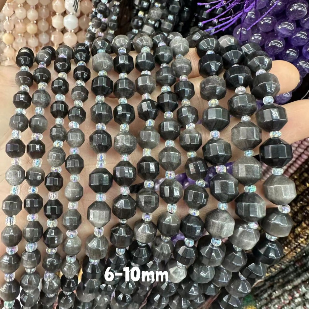 MYA3286--6-10mm Natural Silver Obsidian Faceted Lantern Beads