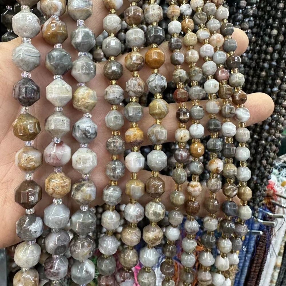 MYA3289--6-10mm Natural Bamboo Leaf Agate Faceted Lantern Beads