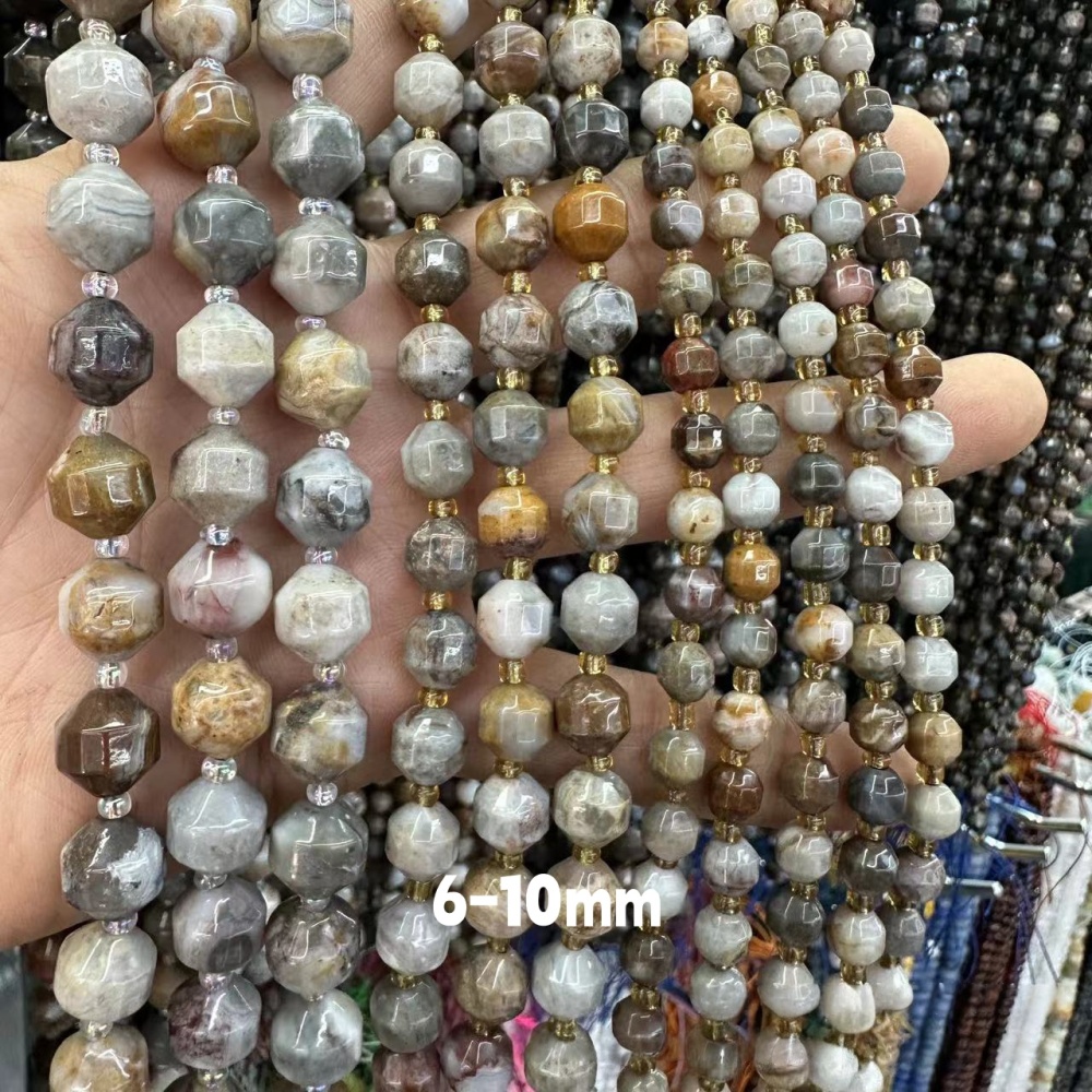 MYA3289--6-10mm Natural Bamboo Leaf Agate Faceted Lantern Beads
