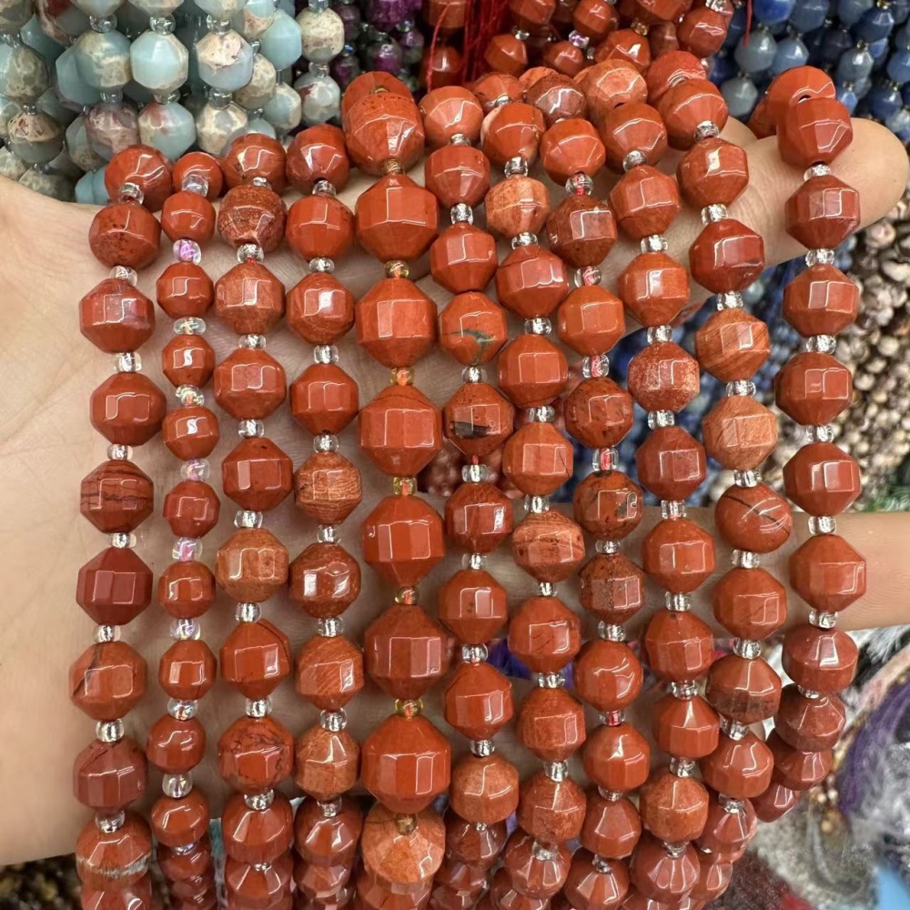 MYA3292--6-12mm Natural Red Jasper Faceted Lantern Beads