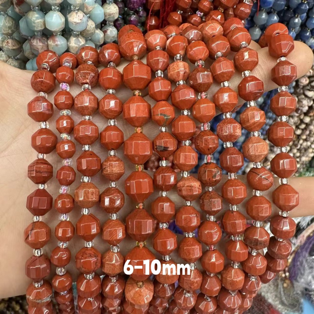 MYA3292--6-12mm Natural Red Jasper Faceted Lantern Beads