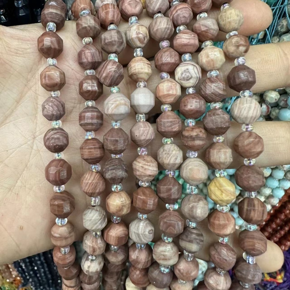 MYA3293--6-12mm Natural Wood Grain Stone Faceted Lantern Beads