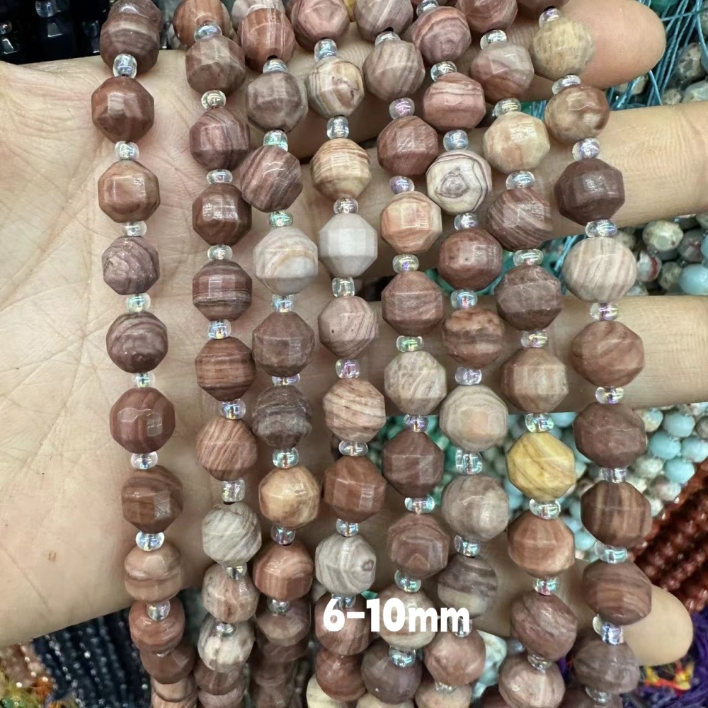 MYA3293--6-12mm Natural Wood Grain Stone Faceted Lantern Beads