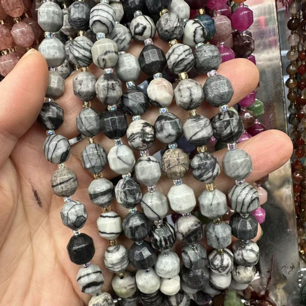 MYA3296--6-12mm Natural Mesh Stone Faceted Lantern Beads