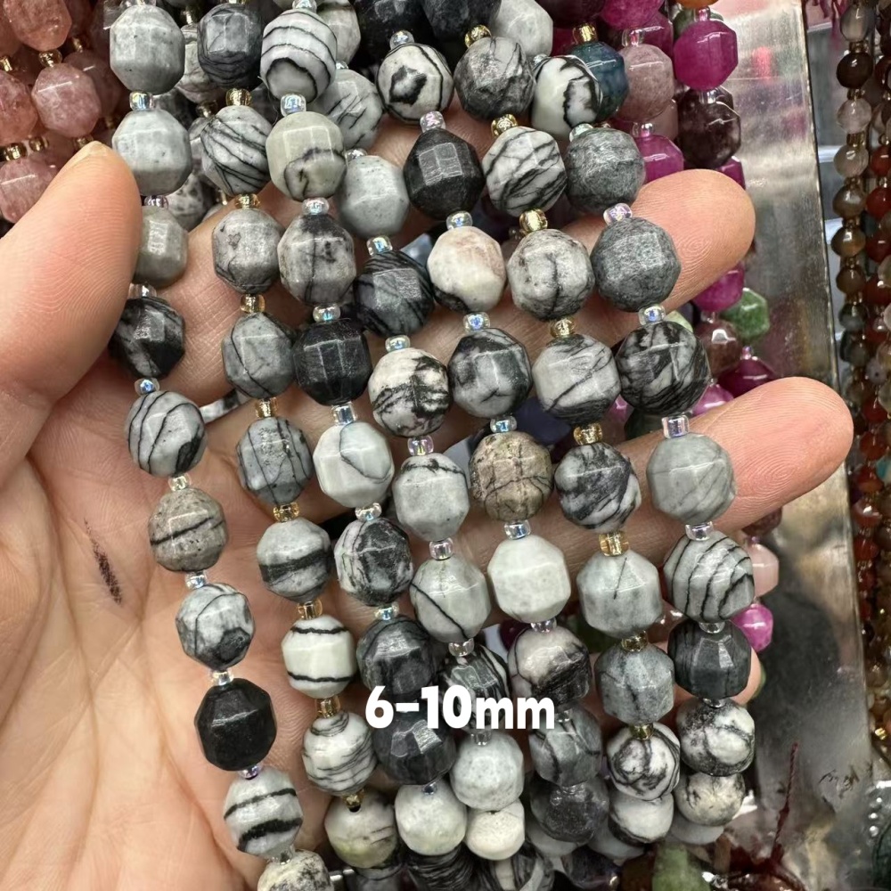 MYA3296--6-12mm Natural Mesh Stone Faceted Lantern Beads