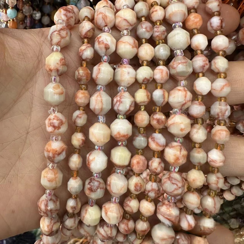 MYA3297--6-10mm Natural Pink Zebrastone Faceted Lantern Beads