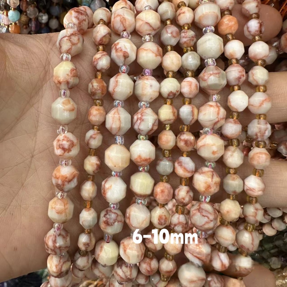 MYA3297--6-10mm Natural Pink Zebrastone Faceted Lantern Beads