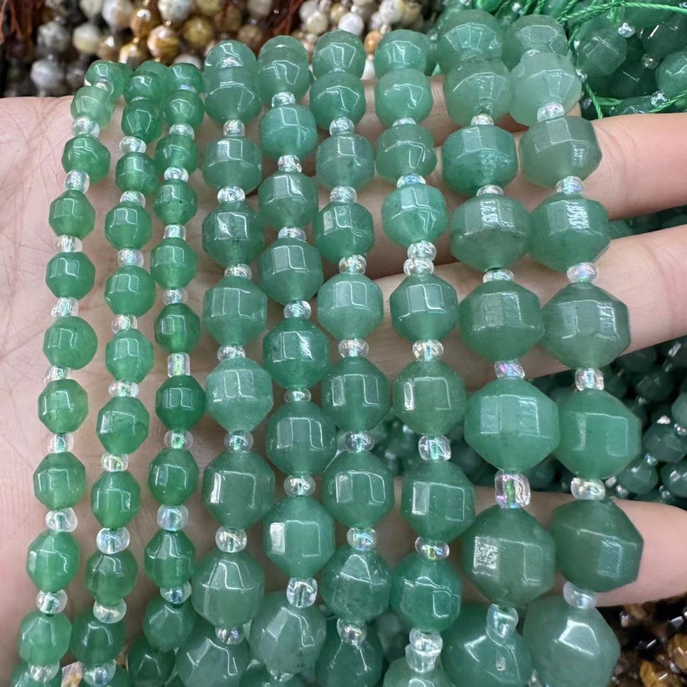 MYA3298--6-12mm Natural Green Aventurine Faceted Lantern Beads
