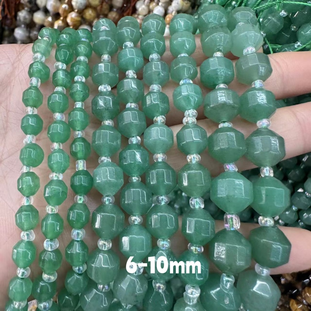MYA3298--6-12mm Natural Green Aventurine Faceted Lantern Beads