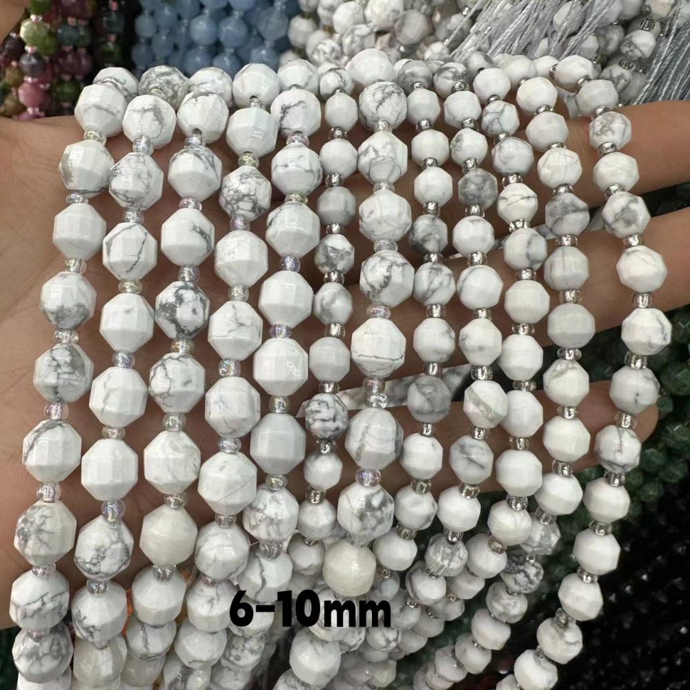 MYA3301--6-10mm Natural Howlite Faceted Lantern Beads