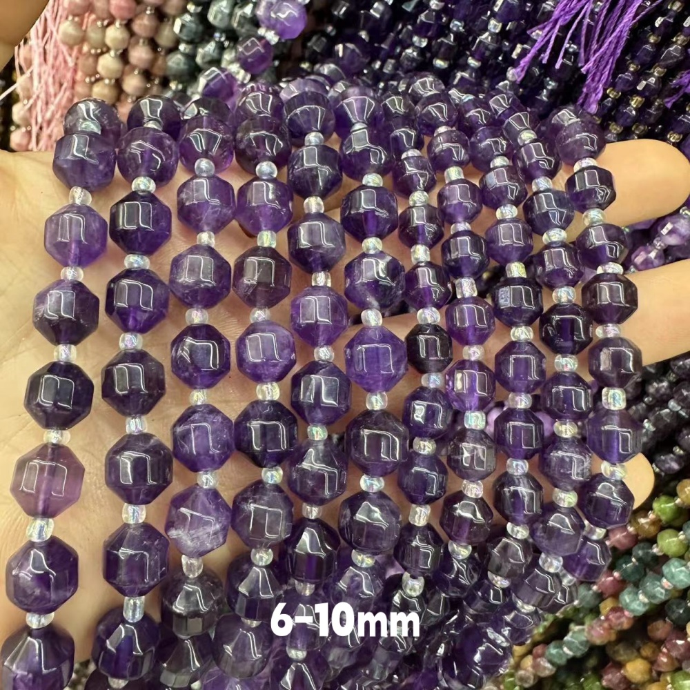 MYA3302--6-10mm Natural Amethyst Faceted Lantern Beads