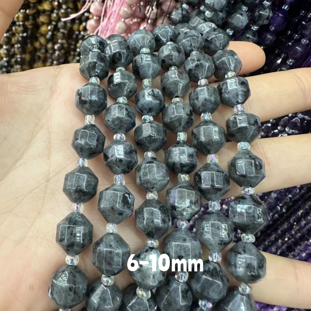 MYA3303--6-10mm Natural Black Labradorite Faceted Lantern Beads