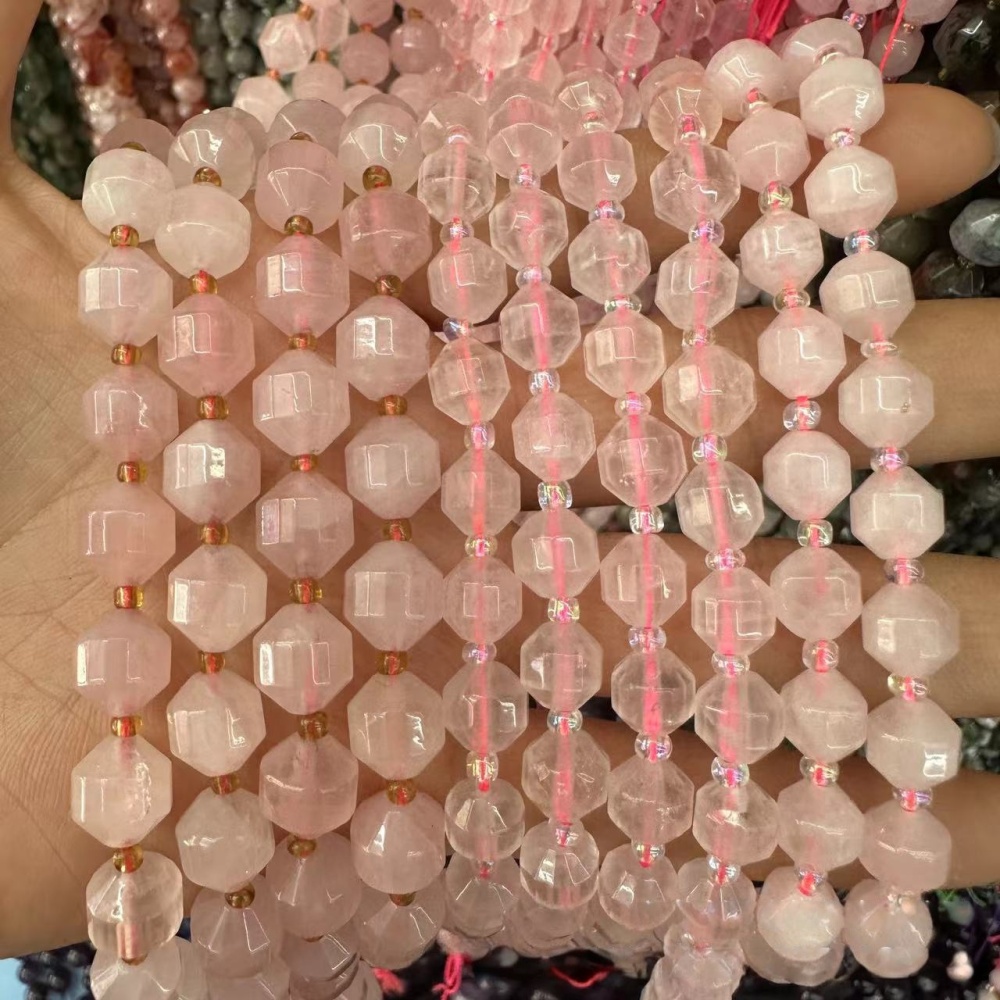 MYA3309--6-10mm Natural Rose Quartz Faceted Lantern Beads