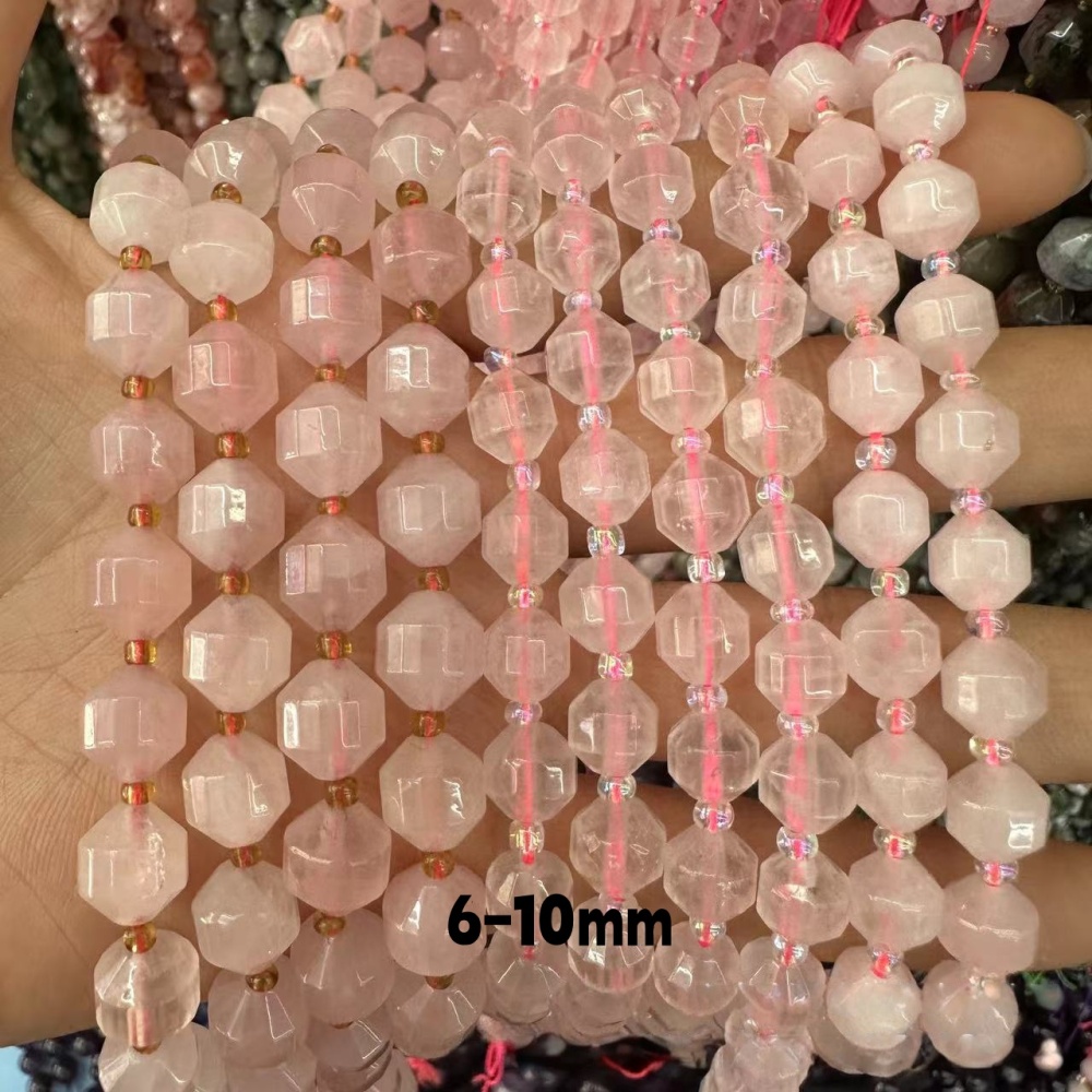 MYA3309--6-10mm Natural Rose Quartz Faceted Lantern Beads