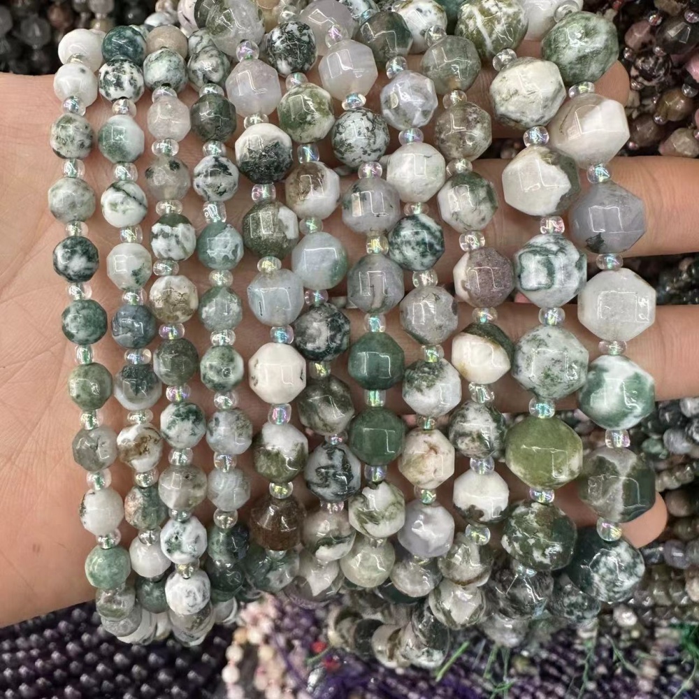 MYA3311--6-10mm Natural Tree Grain Agate Faceted Lantern Beads
