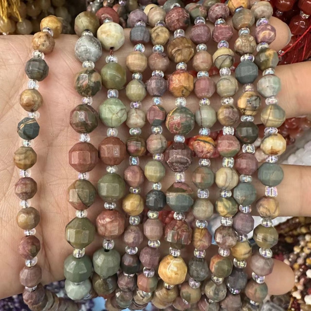 MYA3314--6-10mm Natural Picasso Stone Faceted Lantern Beads