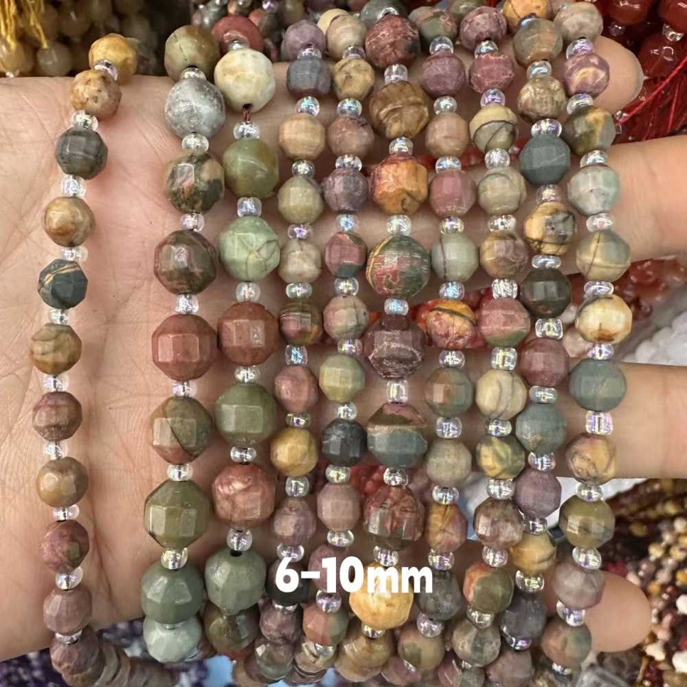 MYA3314--6-10mm Natural Picasso Stone Faceted Lantern Beads