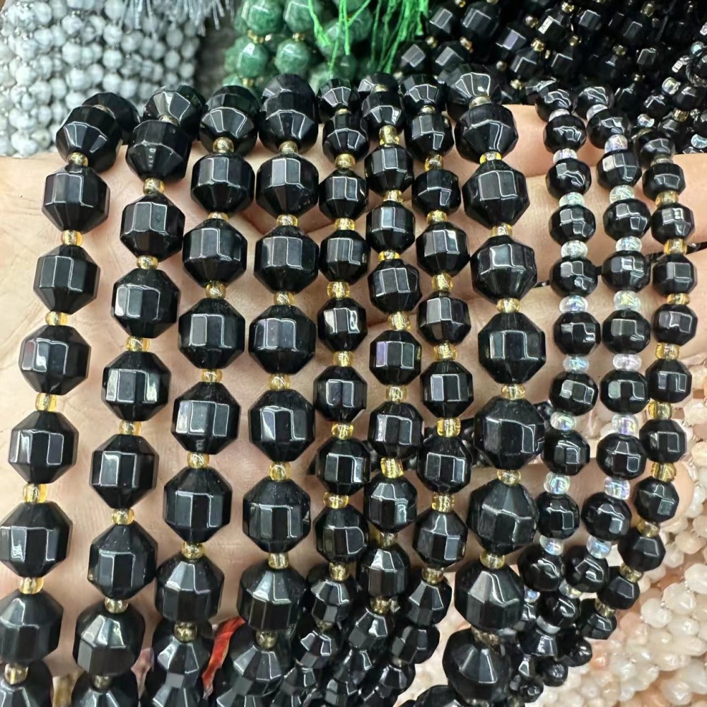 MYA3315--6-12mm Natural Black Agate Faceted Lantern Beads