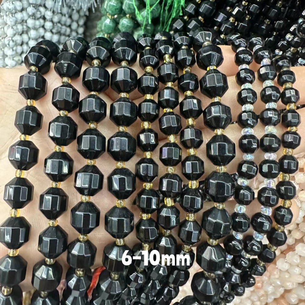 MYA3315--6-12mm Natural Black Agate Faceted Lantern Beads